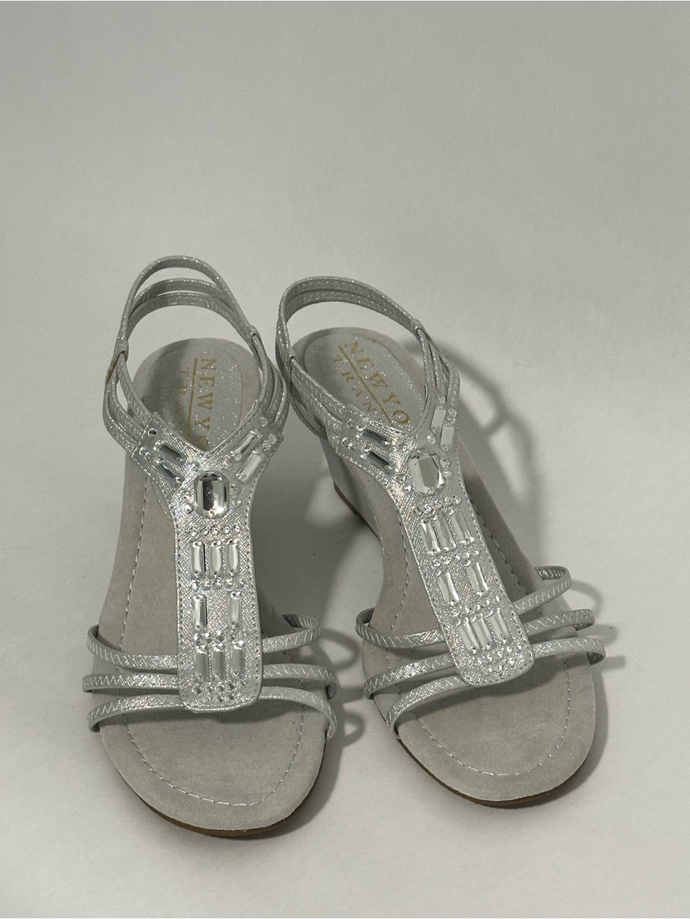 New York Transit Silver Strappy Wedge Sandals Size 9.5M | Rhinestone Embellished